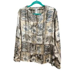 Women's neutal floral Martinique Vintage shimmering button up blouse 14